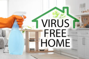 Photo of spray bottle and words "Virus Free Home"
